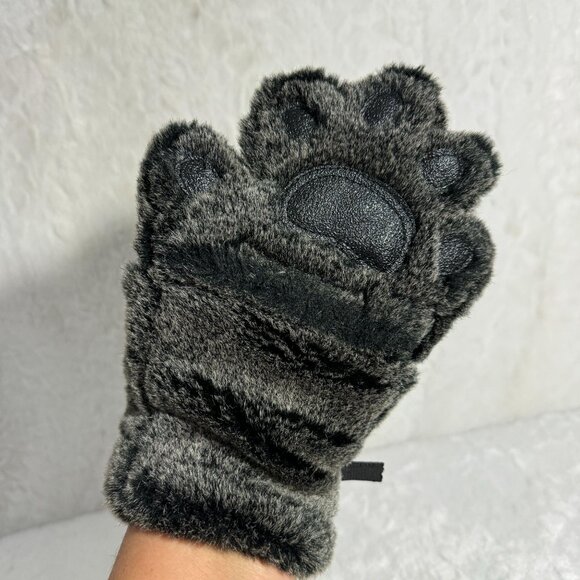Bear Hands Fuzzy Paw Mittens W/ Non-Slip Grip & Thinsulate Lining Black Faux Fur - Picture 5 of 8